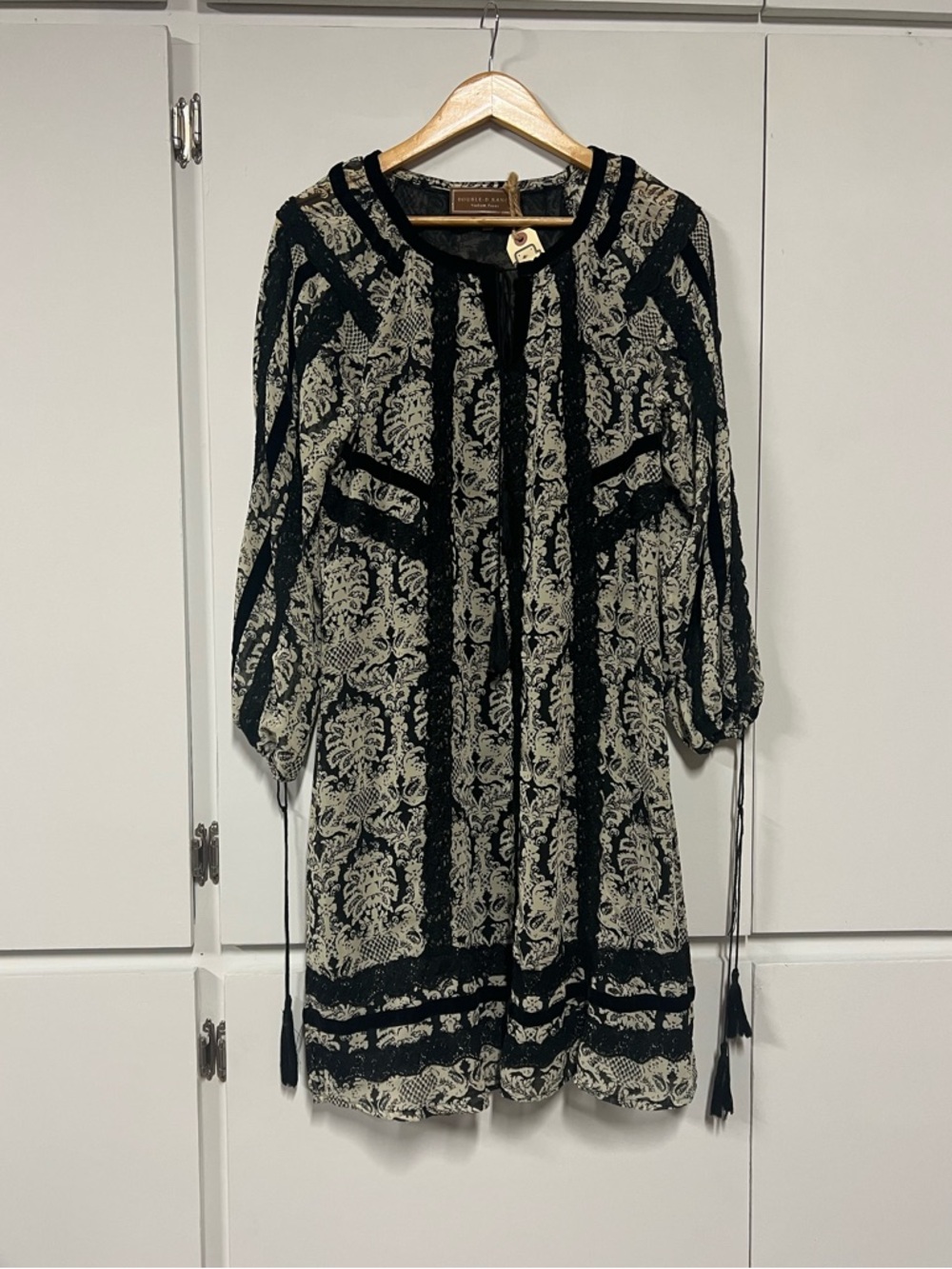 New - Double D Ranch Boho Western Dress in Black & Cream with Lace Tassel Tie - Picture 4 of 10
